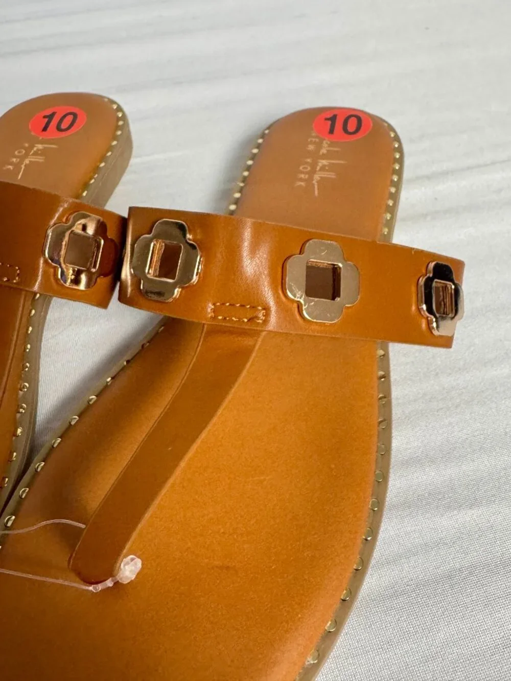 NEW 10 Nicole Miller New York Korey Cognac Studded Thong Sandals Gold Hardware